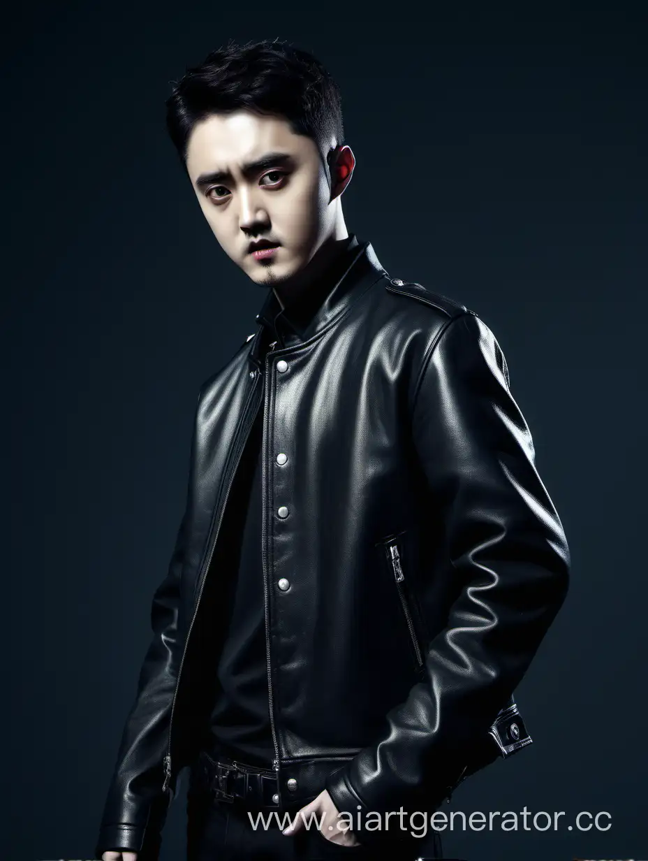 До Кёнсу певец из группы EXO, Церковь, в кожаной куртке, чёрные волосы, Do Kyungsoo, вампир, портрет до пояса.  