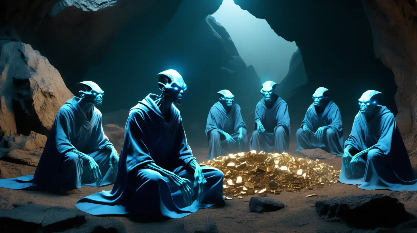 Enraged Blue Mutants Gather Outside Cave for Gold Mining