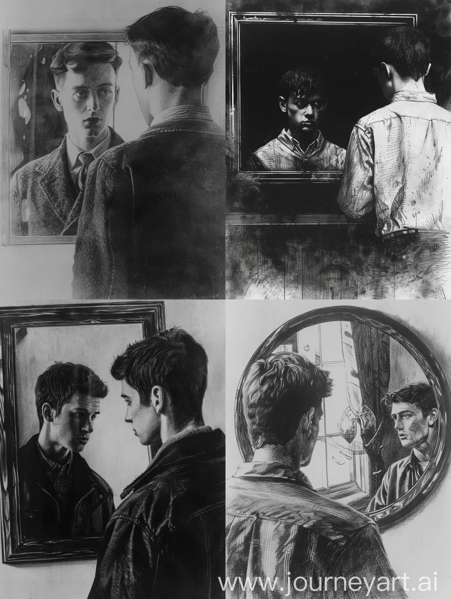 drawing, black/white, mirror, the reflection of the guy in the mirror in the first person