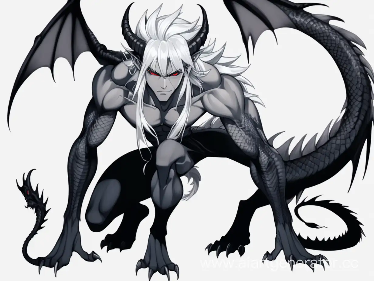 sexy anime guy, standing on all fours, he has dragon ears and tail, cranked eyes, dragon face, white hair, full-length picture, he turns into a weredragon