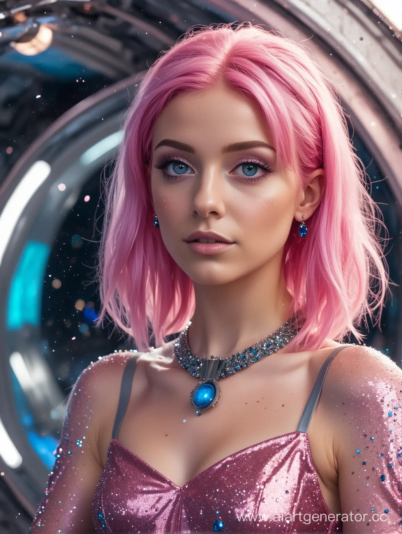 Martian woman with blue skin with pink hair with blue eyes in a pink dress with sparkles on the background of a spaceship