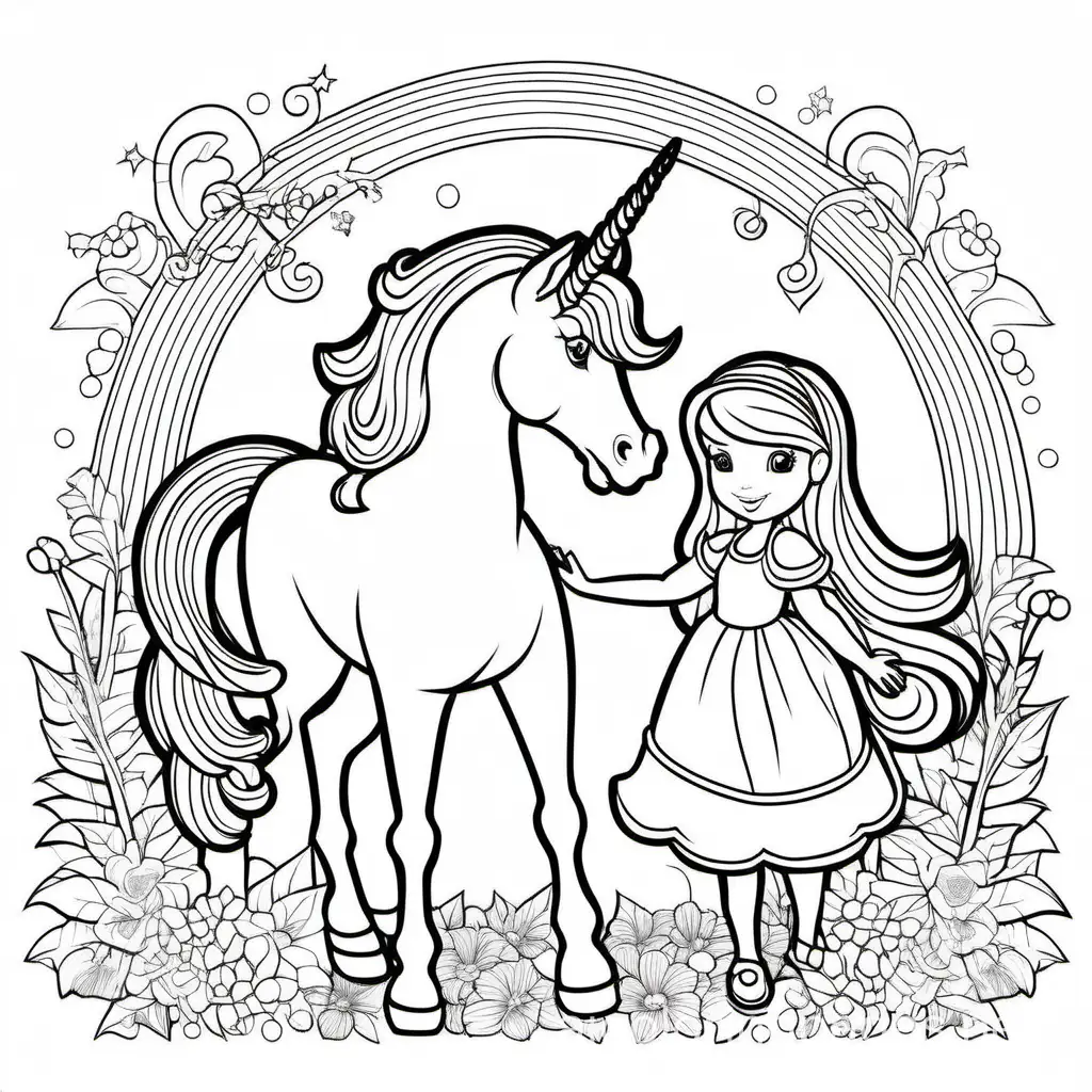 A fairy with a unicorn, Coloring Page, black and white, line art, white background, Simplicity, Ample White Space. The background of the coloring page is plain white to make it easy for young children to color within the lines. The outlines of all the subjects are easy to distinguish, making it simple for kids to color without too much difficulty, Coloring Page, black and white, line art, white background, Simplicity, Ample White Space. The background of the coloring page is plain white to make it easy for young children to color within the lines. The outlines of all the subjects are easy to distinguish, making it simple for kids to color without too much difficulty