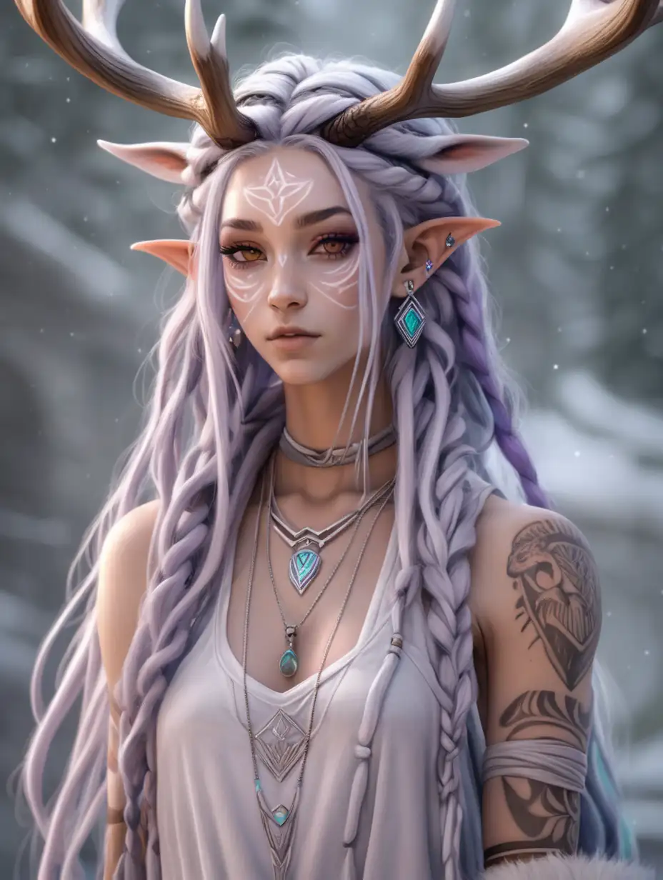 light peach color skin; female  druid; light purple skin; white and light grey long dreads; bright white tattoos; elk antlers