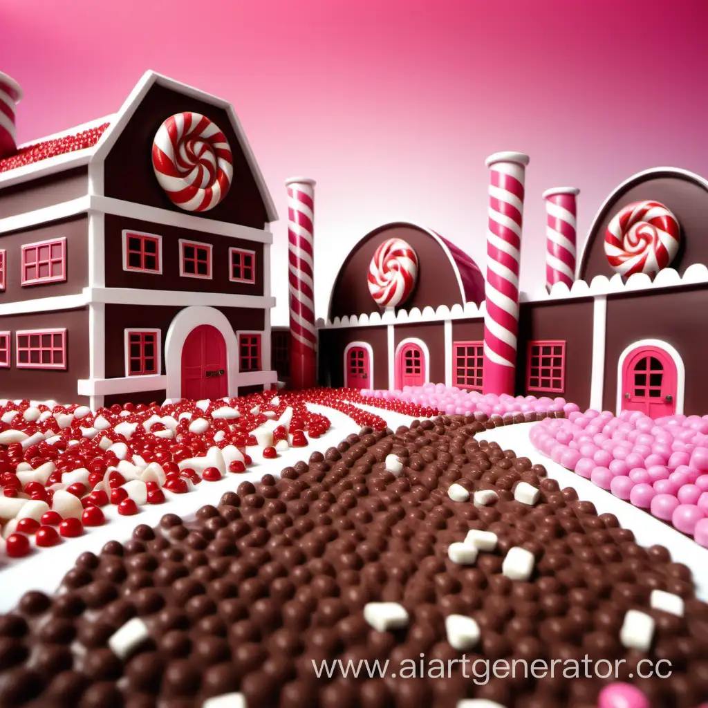 фон шоколадная фабрика без вилли вонки с акцентными красно-розовым, коричневым и белым цветами справа и сладости вокруг фабрики