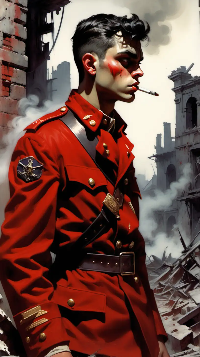 Create a dark fantasy art illustration  frazetta style of stocky teenage male with very short dark hair, shaven face, round cheeks and younger boyish features, dressed in an all red military uniform, in battered smoking city ruins. CLOSE UP, HEAD AND SHOULDERS.