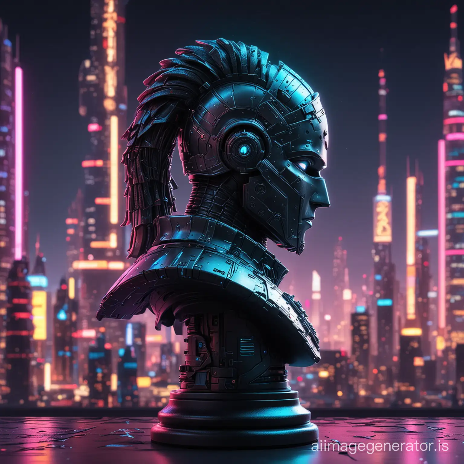 "Create a profile picture of a knight chess piece with a futuristic, cyberpunk twist, set against a backdrop of neon-lit cityscape."