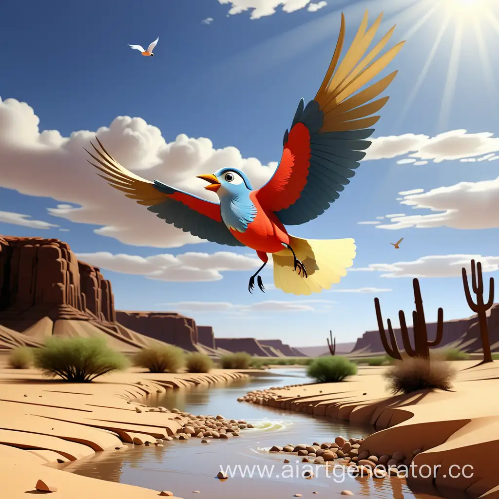 река в пустыне и райская птичка.
птичка прилетает к реке и говорит ей возвращаться к своим берегам 