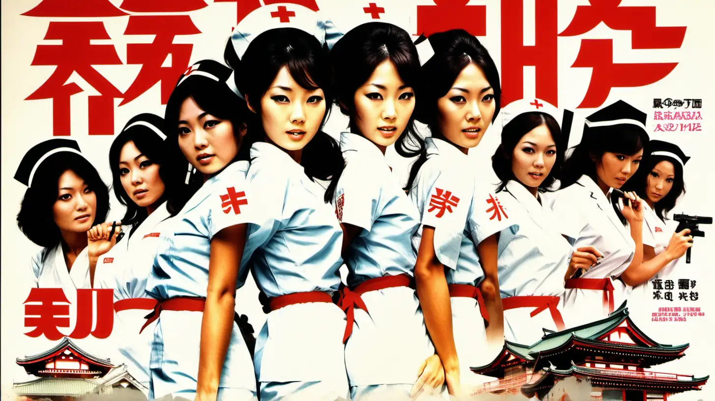 gaudy film poster combining a few actions and characters in a composite design, for a 1970s Japanese film with sexy nurses, title written in English is “Kara’age Clinic” 