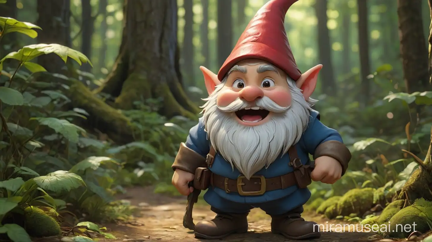 /imagine prompt: 3D animation, personality: a mischievous gnome standing in the magical forest. unreal engine, hyper-real --q 2 --v 5.2 --ar 16:9