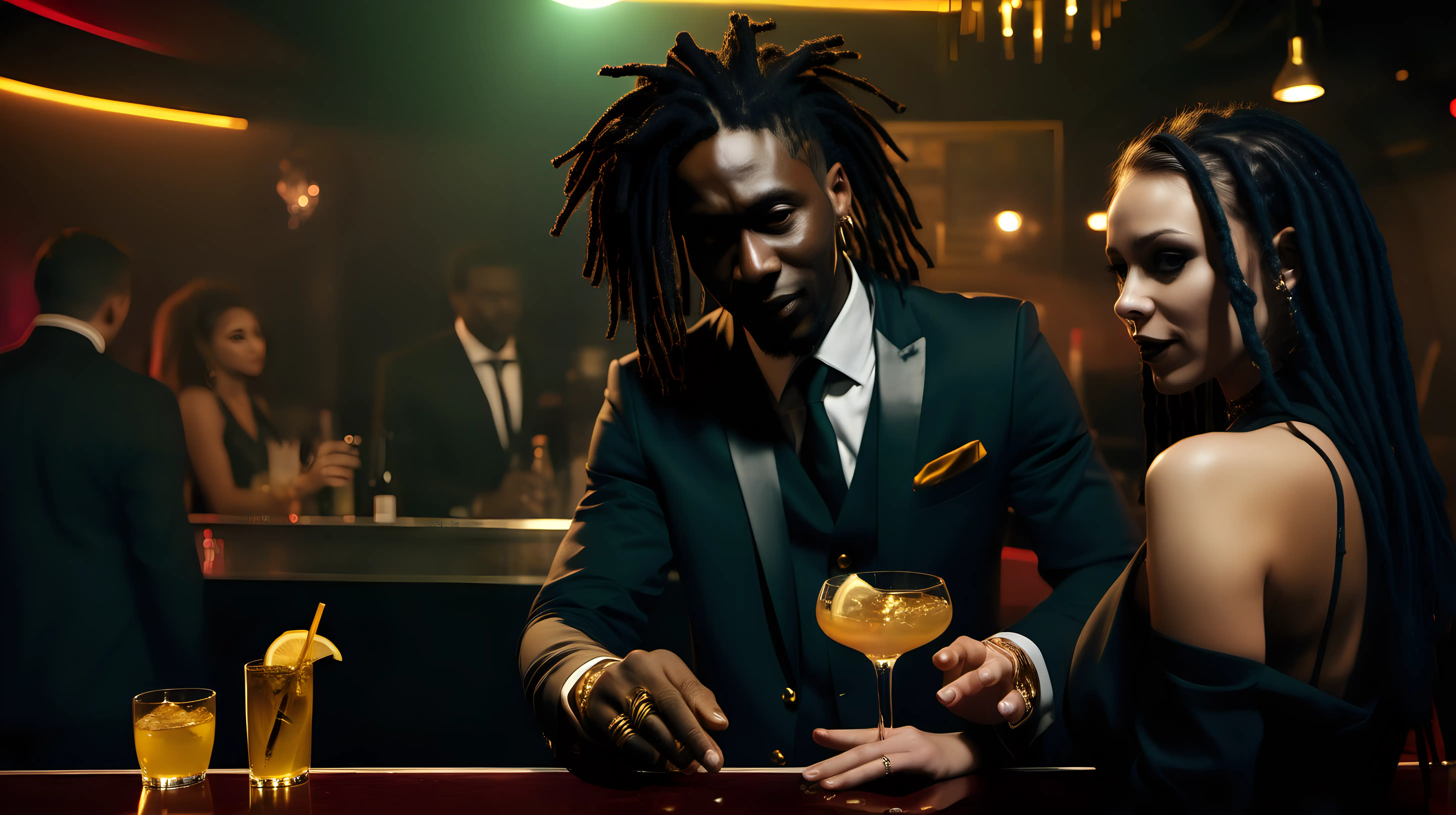 black man with black dreads wearing gold jewlery and a suit in the club. Observing a female bartender serving another customer drinks, with cinematic lighting, wide angle shot