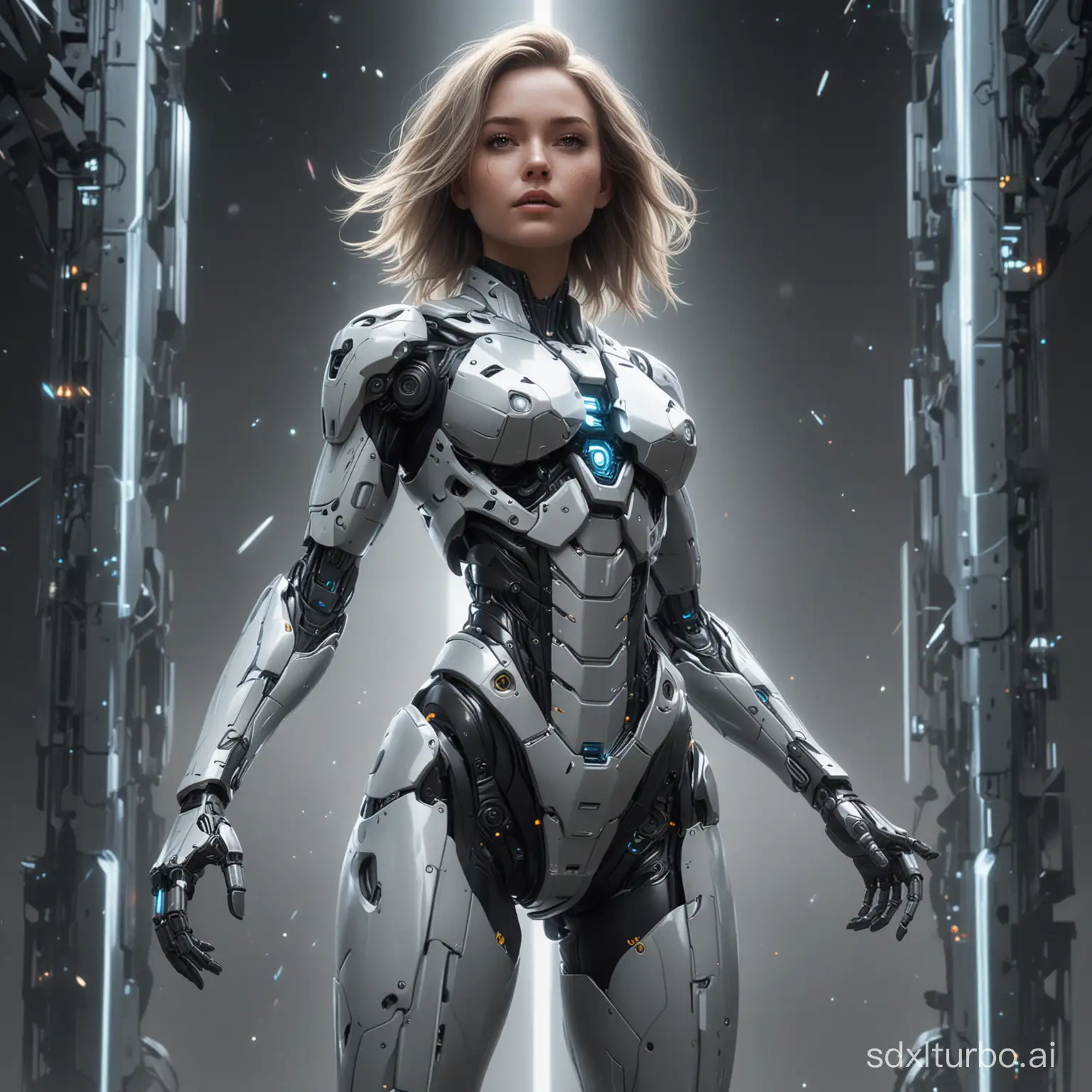 Masterpiece, highest quality, best quality, official art, beauty and aesthetics, 1girl, complex robot, halo, upper thigh shot, fractal art, absurd, high-rise, super detailed, super accurate depiction, solo, floating hair, shiny skin, looking at the audience,