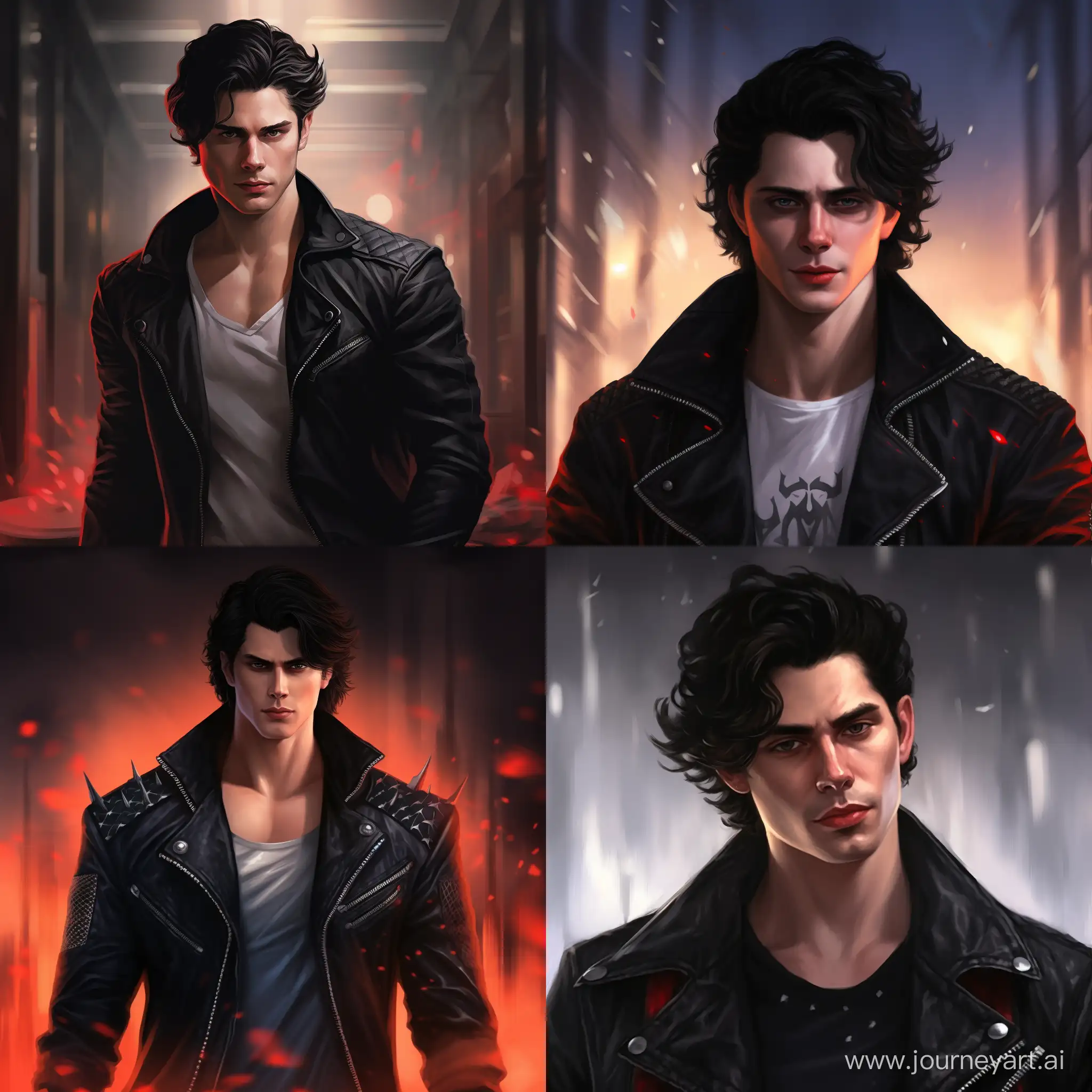 Handsome guy, teenager, black hair, red eyes, pale white skin, in a black leather jacket, tall, sturdy, sexy, power, magic, red fog, high quality, high detail, cartoon art