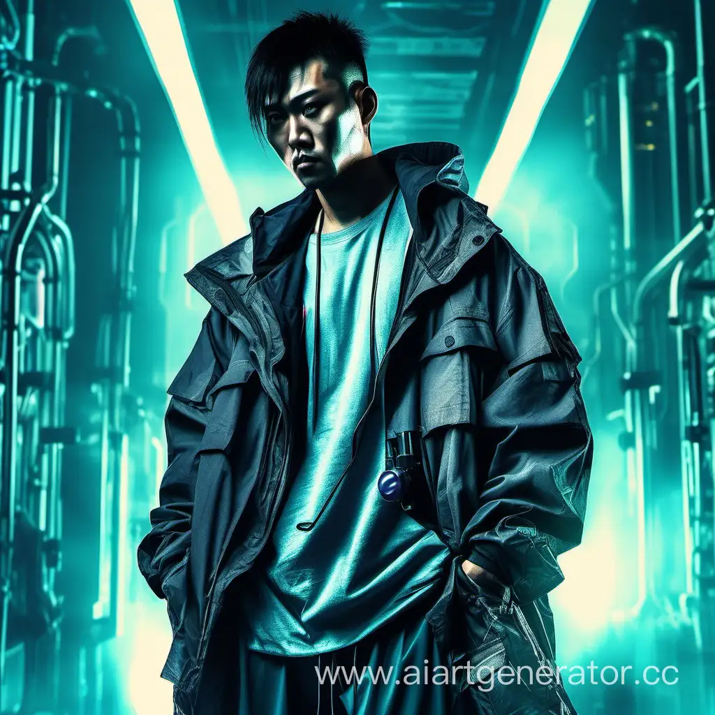 Asian man cyberpunk blade runner in baggy clothes who knows chemistry