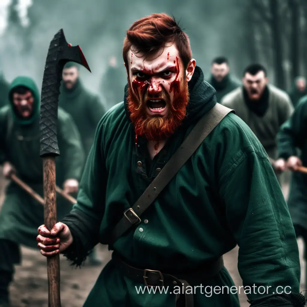 Злой молодой татарин с рыжей бородой темными волосами в темно-зеленой одежде с кровавым  топором в руке