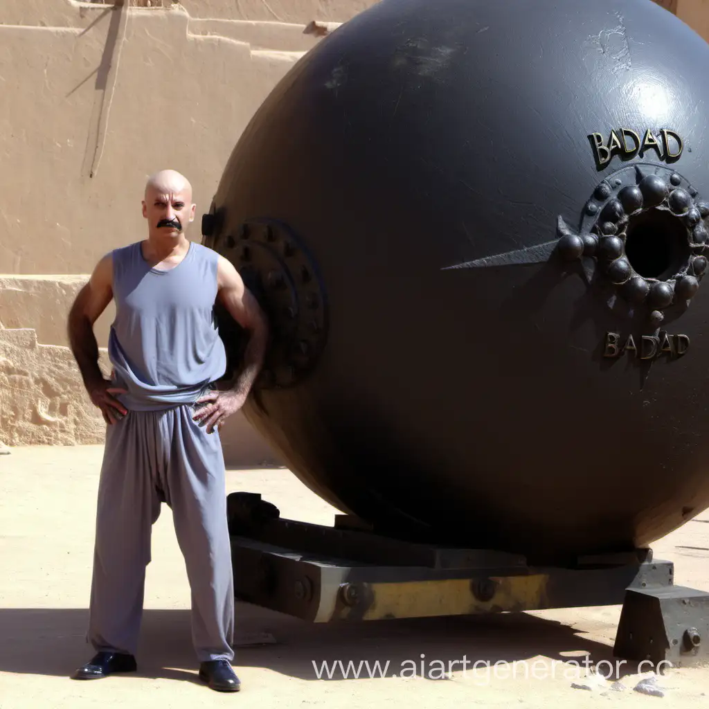 bald man named Badjad next to cannon ball