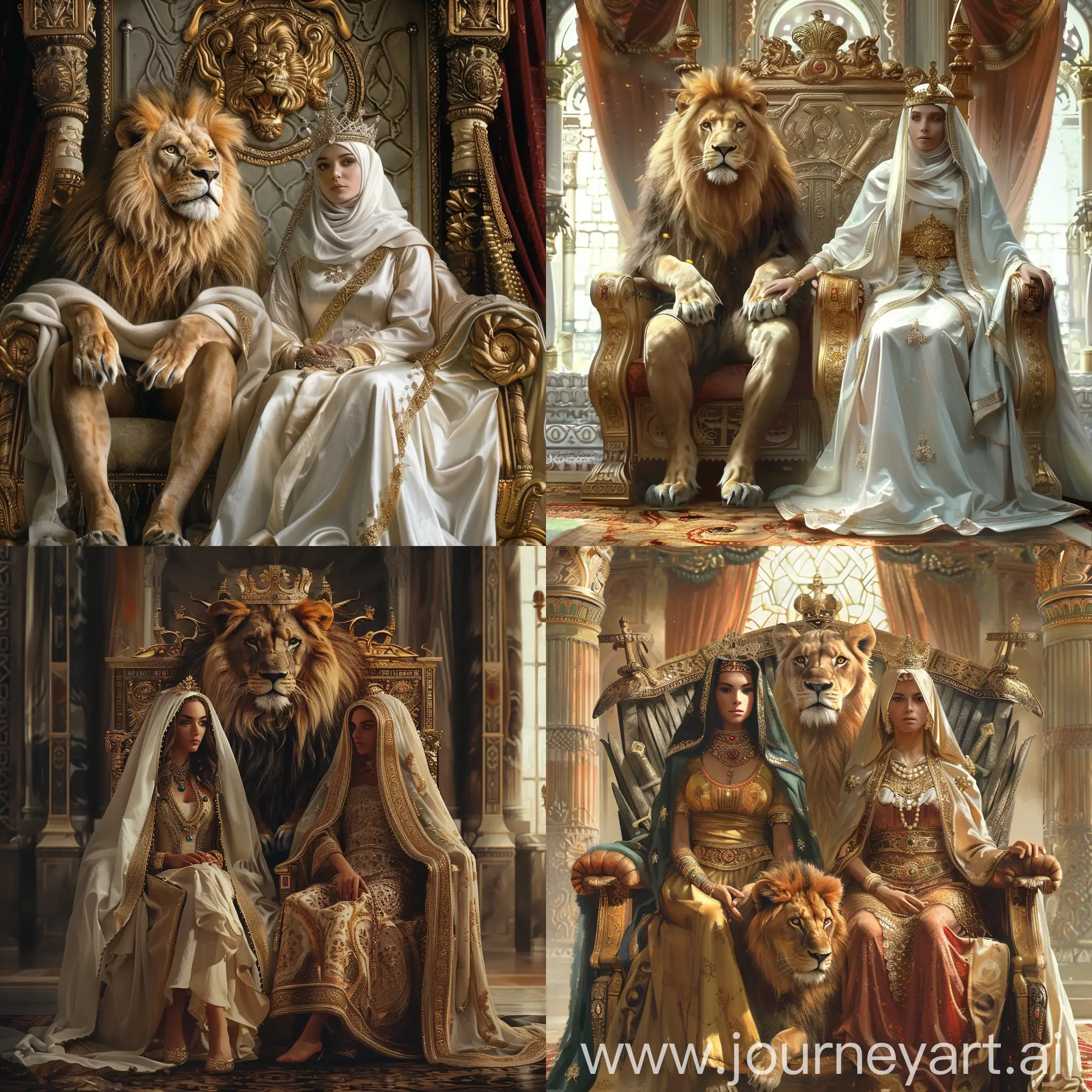 both woman with Lion king sitting on throne (fantasy), women wears full covered clothes graceful and elegant