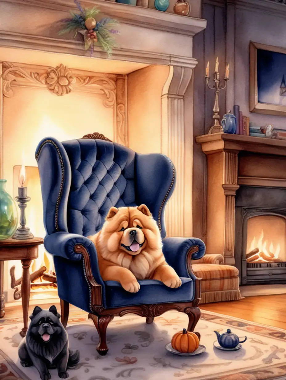 Pixar style, a chow-chow dog laying on a rug next to a witch sitting in a wingback chair in front of a roaring fireplace on a rainy evening, sketch, watercolor, 8k, high dof, ar--85:110