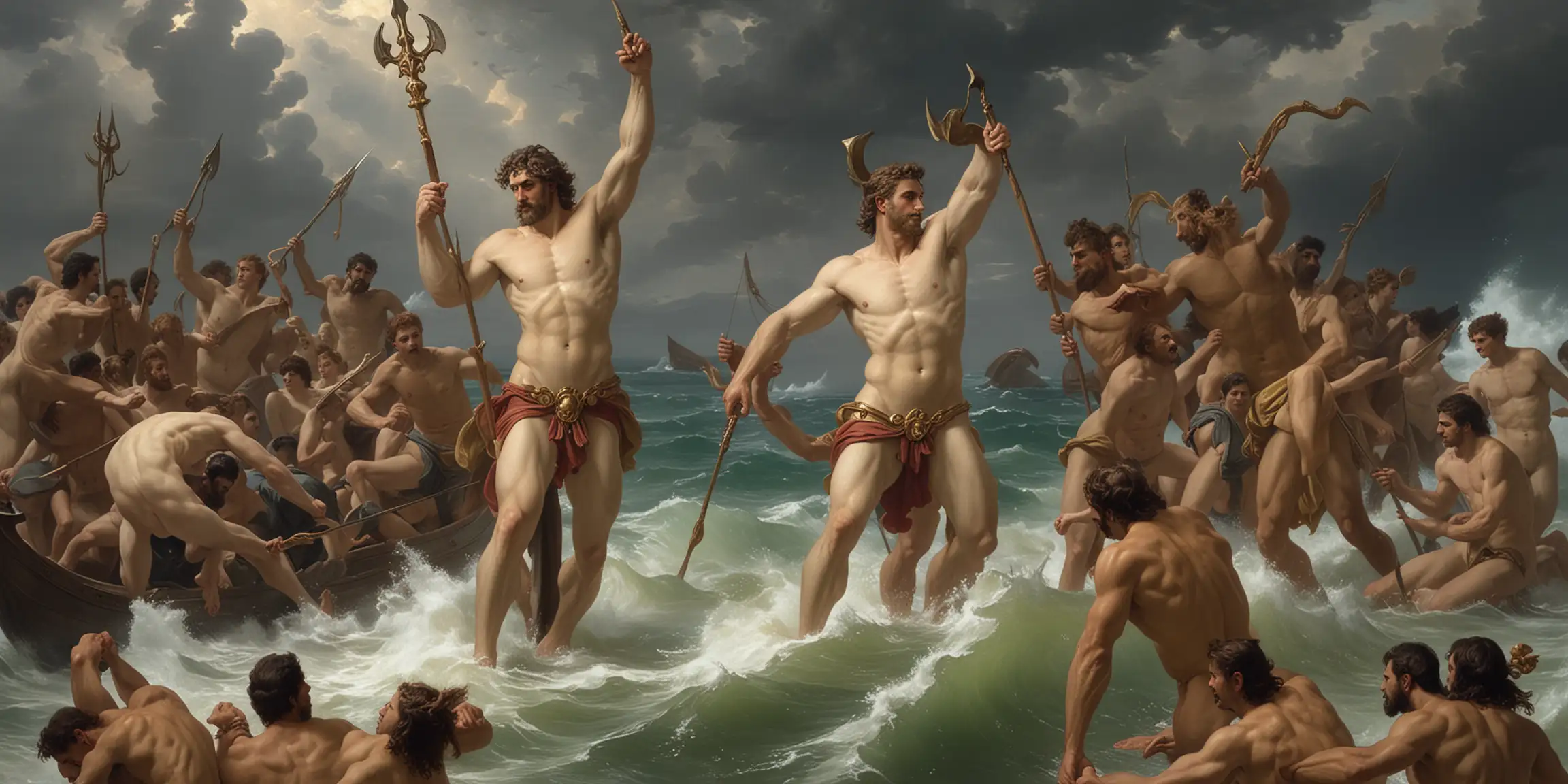 the style of the freWilliam-Adolphe Bouguereau - The strong handsome sea God Poseidon holding a trident standing in the middle of a stormy sea and surrounded by naked men and women 