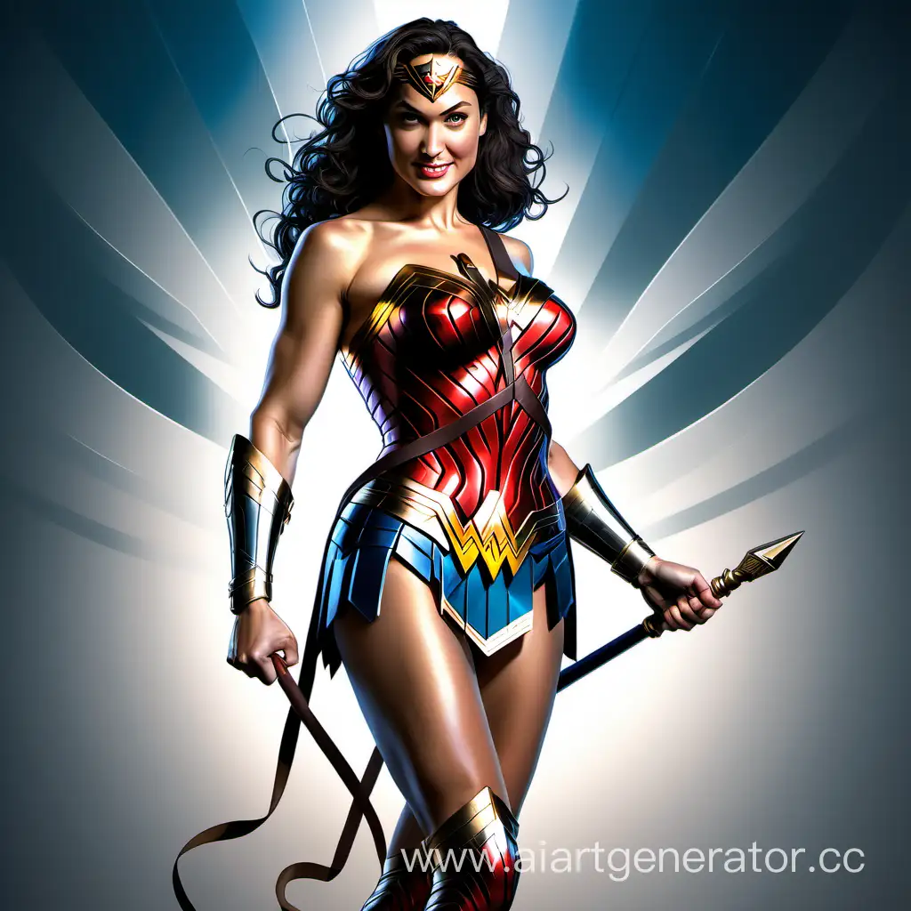 full body artwork of zoe bell as wonder woman, perfect hourglass body slightly toned, thick legs, her face reflects self confidence, friendly but flirtatious smile, epic scene, dynamic pose, art by artgerm