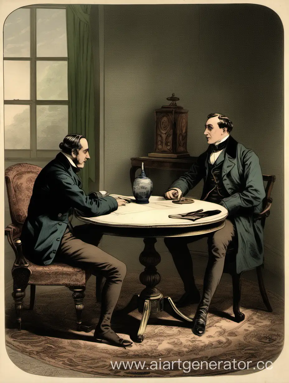 двое мужчин в одеждах 19 века сидят за круглым столом в гостинной, они расслаблены и ведут беседу, один облокотился на спинку стула и вытянул ноги 