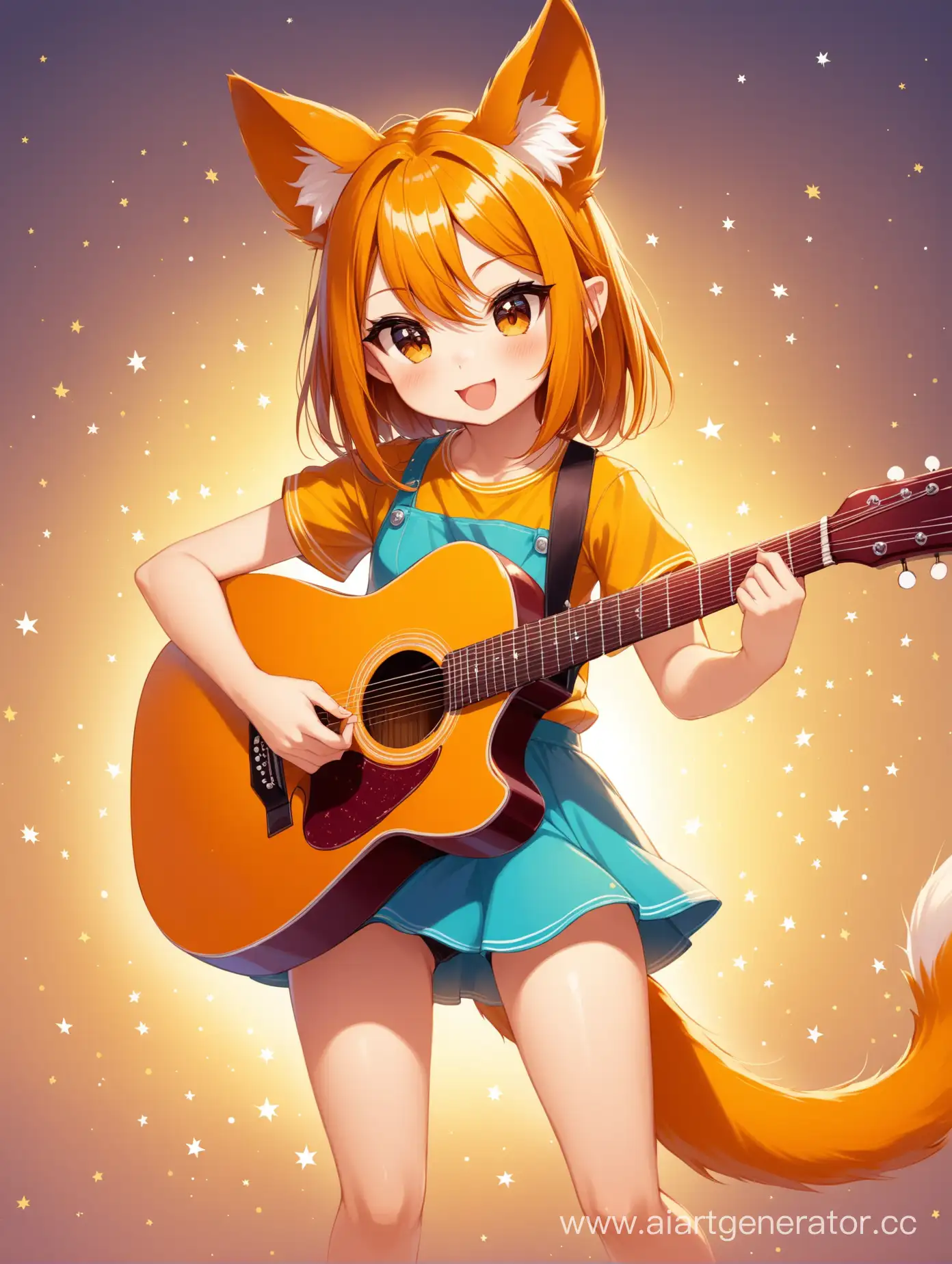 девушка с ушками и хвостиком играет на гитаре