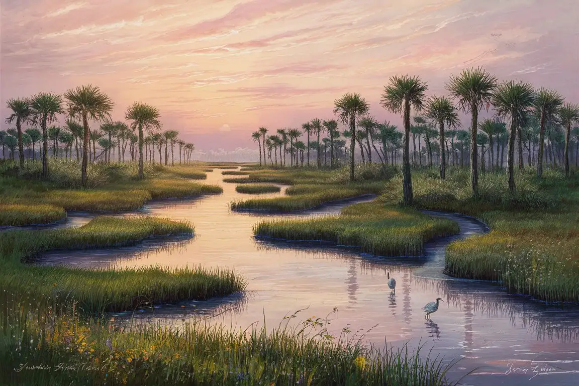 Imagine a serene scene capturing the essence of a Lowcountry marsh in South Carolina, illuminated by the soft, golden light of sunrise. The landscape is a harmonious blend of natural beauty, where the sky, awash with the gentle hues of dawn—pinks, oranges, and light blues—reflects onto the tranquil waters of winding tidal creeks. These meandering waterways cut through the marsh, creating a complex network of channels that are bordered by lush, green grasses and sporadic groups of palmetto trees, their fronds gently swaying in the morning breeze. In the foreground, delicate wildflowers add splashes of color, while a pair of egrets wade gracefully in the shallow waters, searching for their breakfast. The scene is peaceful and untouched, a perfect representation of the Lowcountry's unique and captivating landscape at the start of a new day. The style of the painting should aim to capture the tranquility and natural beauty of this setting, with a focus on the subtle interplay of light and color that defines the sunrise over the marsh.