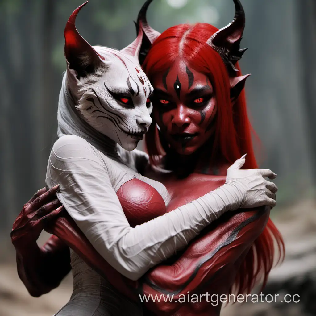 Девушка демон с красной кожей обнимает каджита