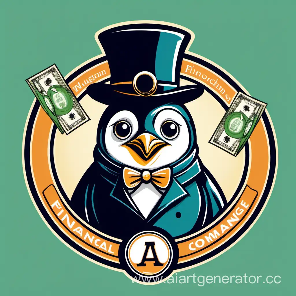 A logo type image with a penguin in a high hat and monocle holding money that can be used as a logo for a financial company