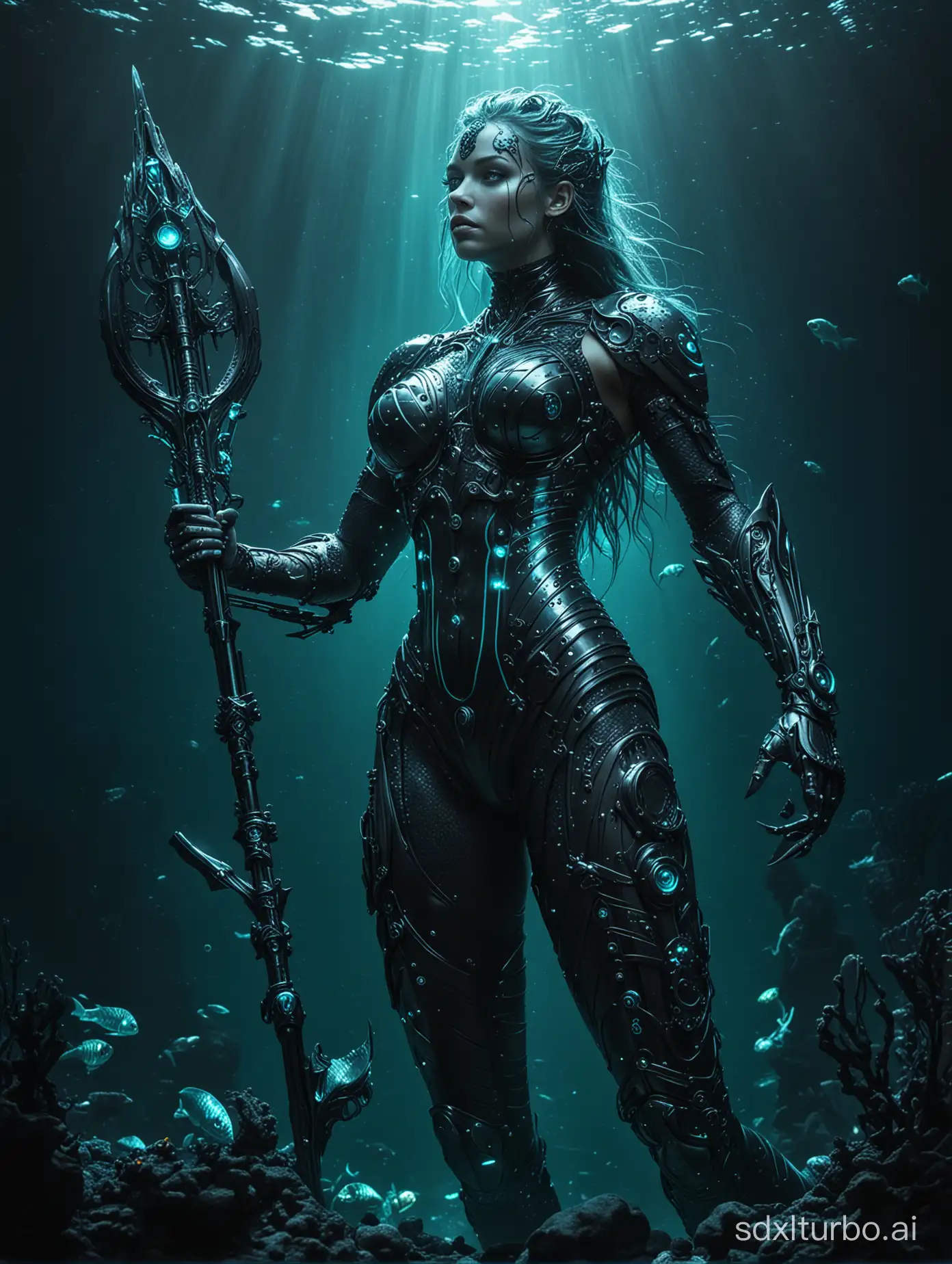 Mermaid cyborg
Low angle shot photography, 
A male mermaid merges his body with cyborg enhancements, neon light,clad in black titanium armor with cyan accents, amidst the depths of the dark  ocean. Surrounding him are intricately detailed fish as he wields a long weapon.