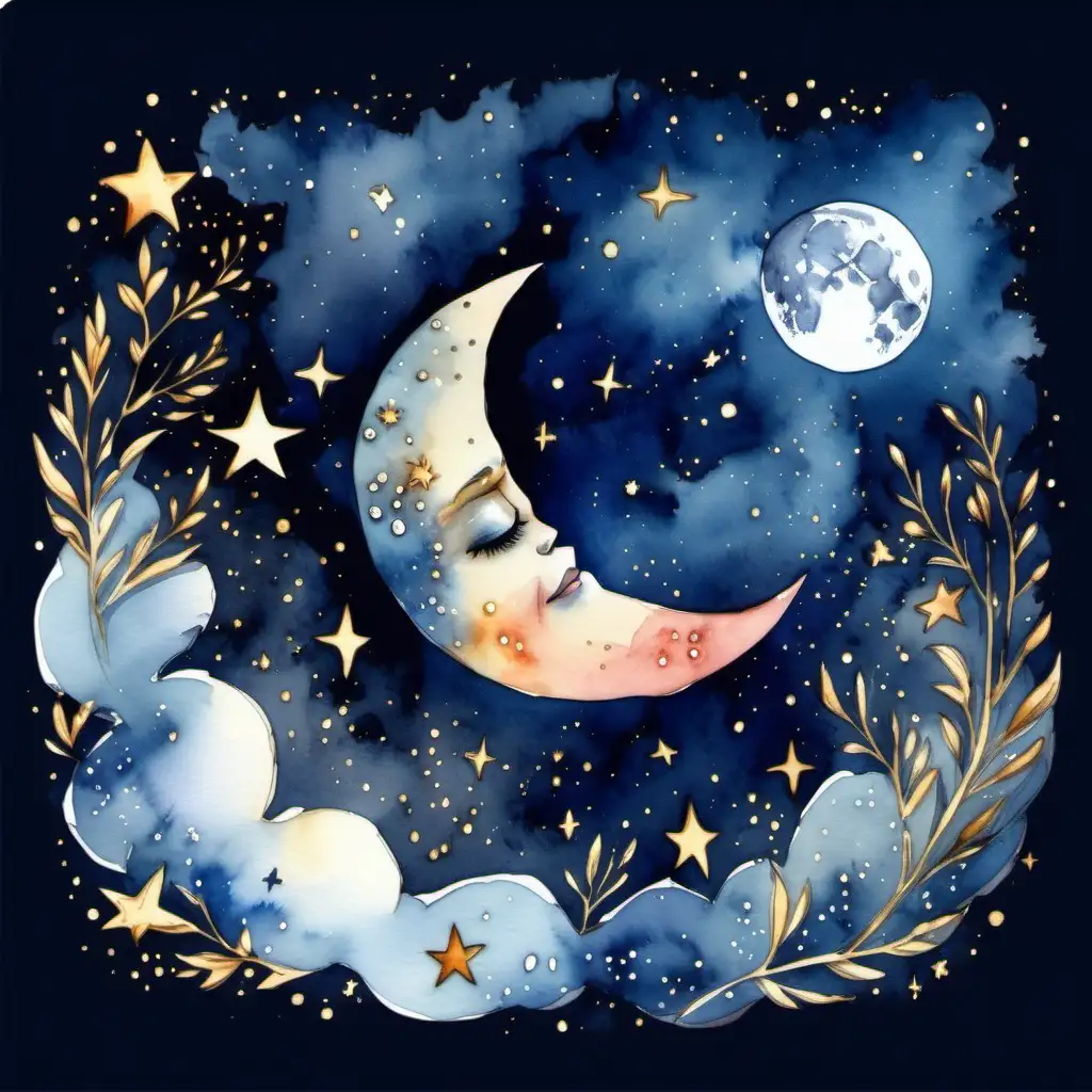 Månen lyser på natthimlen med stjärnor o glitter i vattenfärg