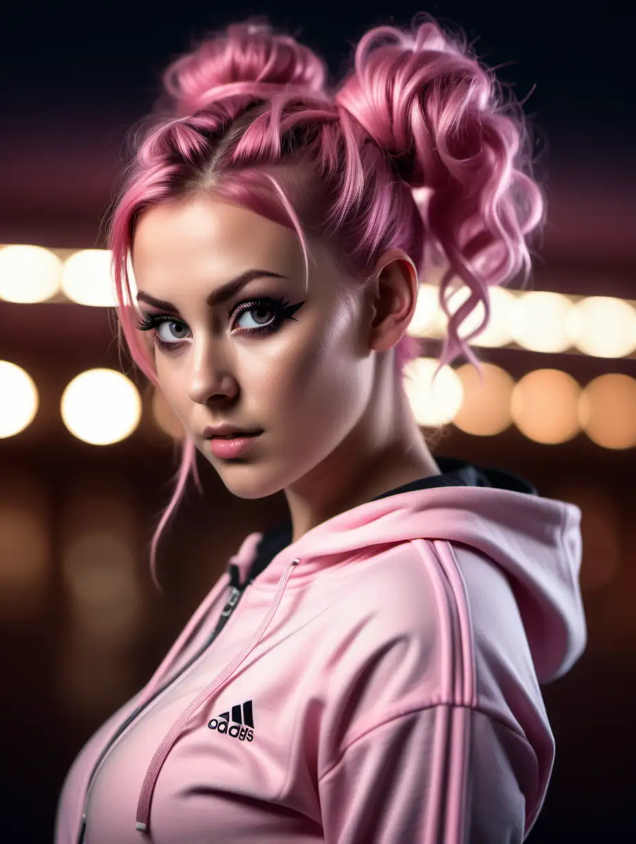 Beautiful Nordic woman, very attractive face, detailed eyes, big breasts, slim body, dark eye shadow, messy pink hair in double buns, wearing a tracksuit, close up, bokeh background, soft light on face, rim lighting, facing away from camera, looking back over her shoulder, photorealistic, very high detail, extra wide photo, full body photo, aerial photo