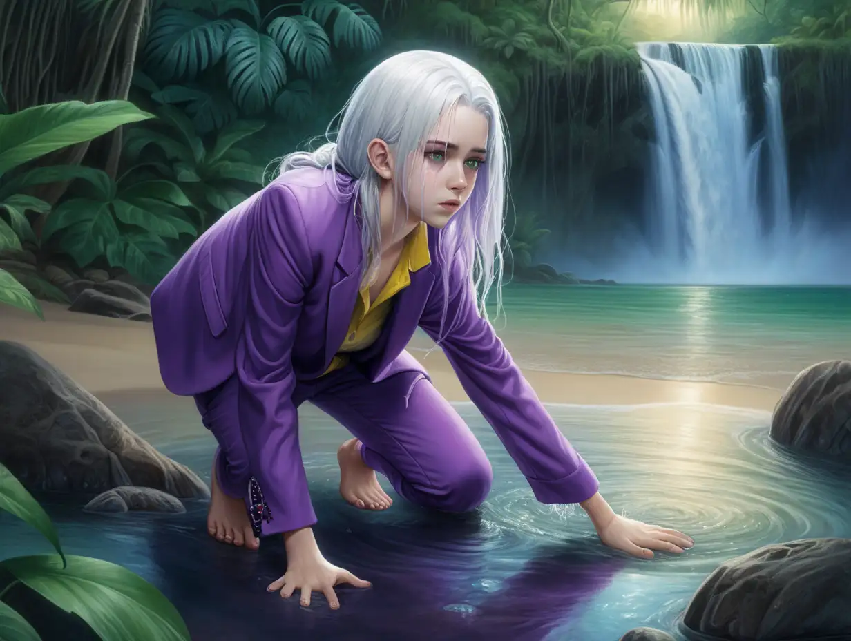 young adult woman, white skin, green eyes. shoulder length white hair, purple and yellow suit, wet, no shoes, no extra limbs, crawling, looking away, coughing up water, jungle beach with a waterfall at twilight