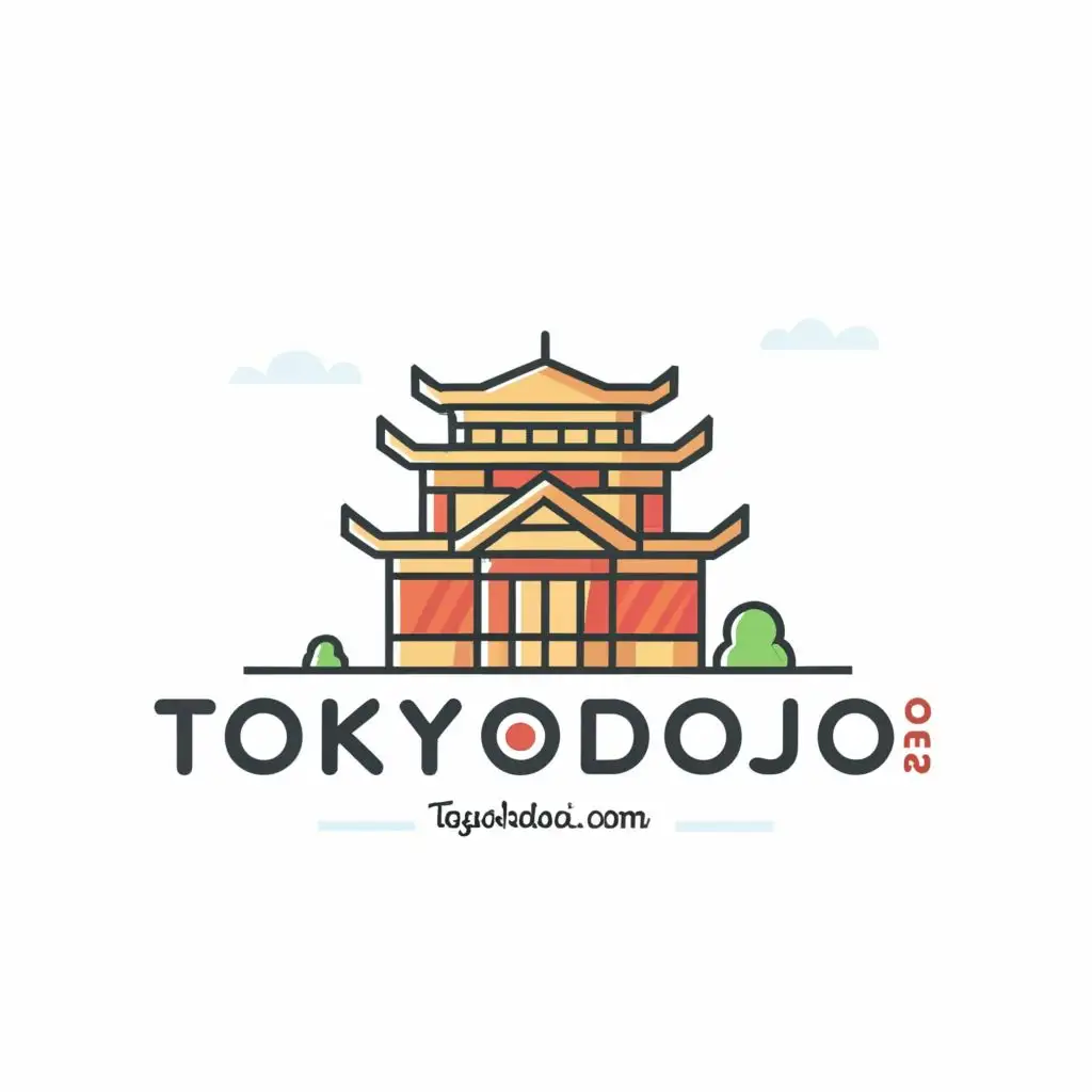 logo, a stylized outline of a Japanese school, with the text "TokyoDojo.com", pure white background, with the text "TokyoDojo.com", typography, be used in Travel industry