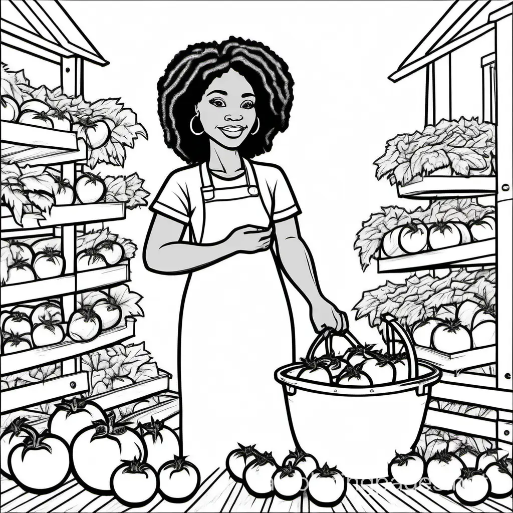 African American woman growing tomatoes, with solid black lines and white background, Coloring Page, black and white, line art, white background, Simplicity, Ample White Space. The background of the coloring page is plain white to make it easy for young children to color within the lines. The outlines of all the subjects are easy to distinguish, making it simple for kids to color without too much difficulty, Coloring Page, black and white, line art, white background, Simplicity, Ample White Space. The background of the coloring page is plain white to make it easy for young children to color within the lines. The outlines of all the subjects are easy to distinguish, making it simple for kids to color without too much difficulty