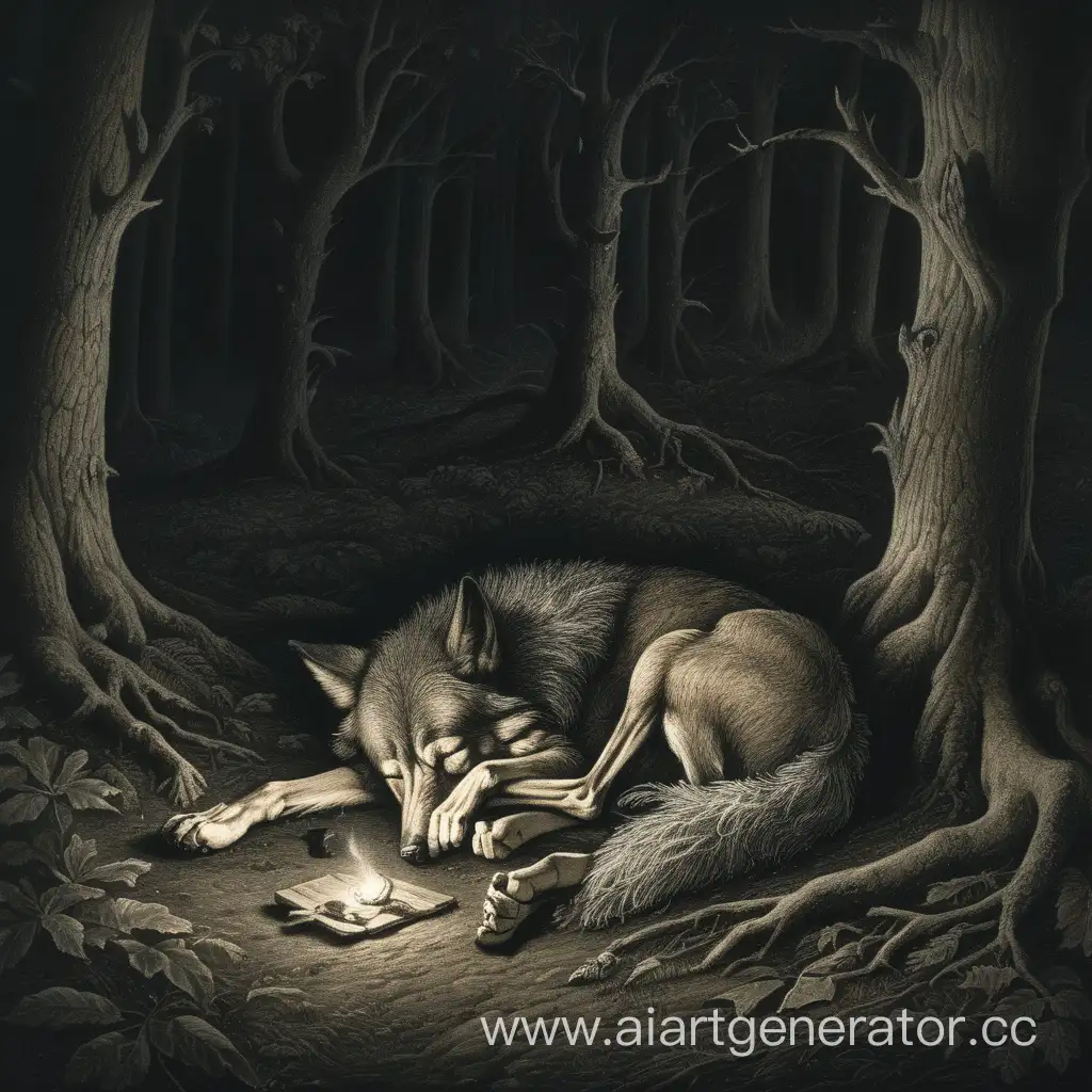 Sleeping-Drunken-Wolf-Homeless-in-Dark-Forest