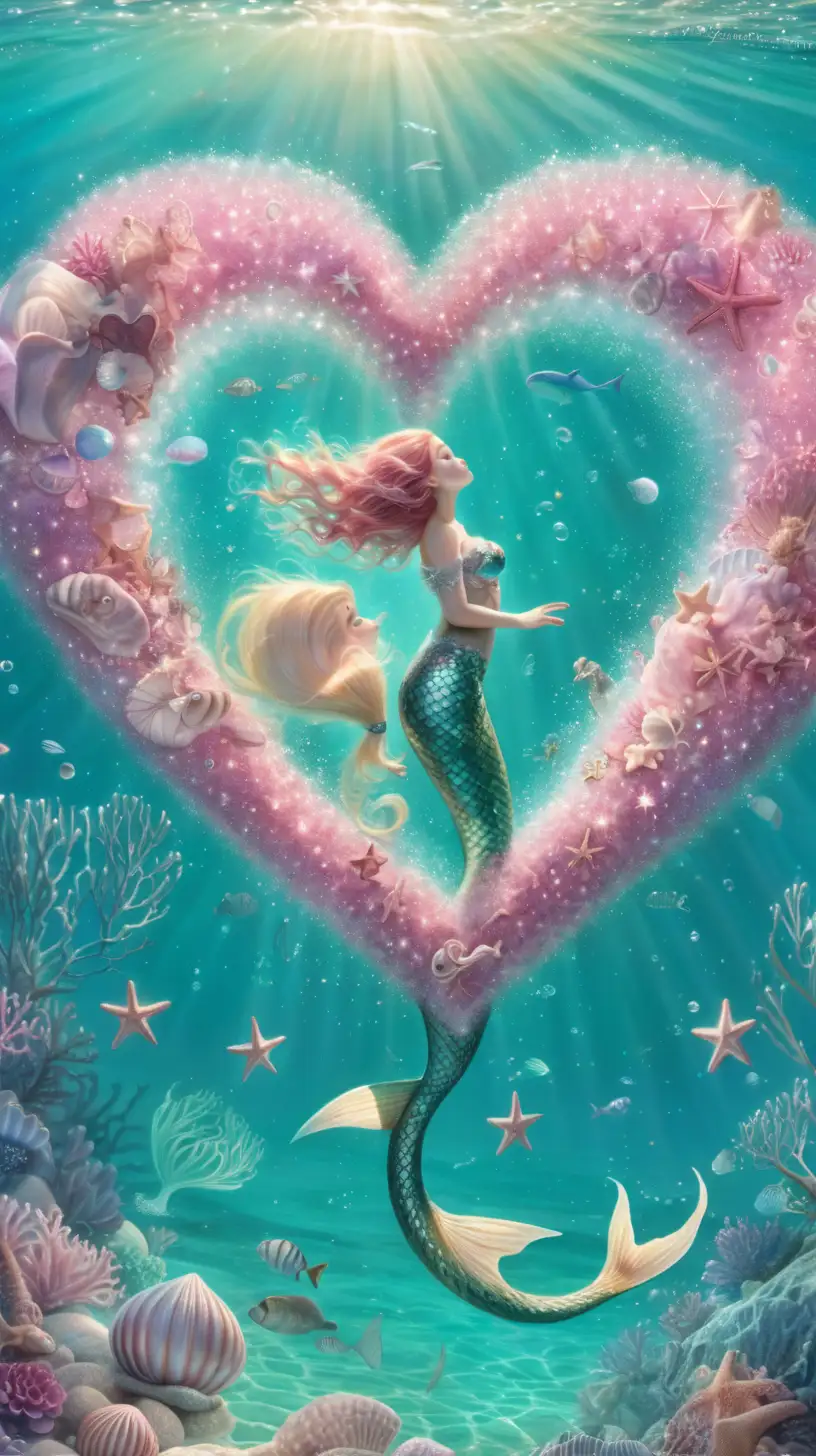 Enchanting Mermaid with Floating Seafoam Heart and Pink Stars