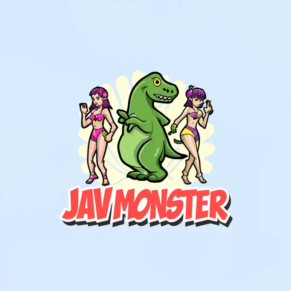 a logo design,with the text "JAV
MONSTER", main symbol:a funny and cute dinosaur with two very attractive and alluring Japanese idols wearing revealing bikinis,Minimalistic,be used in Entertainment industry,clear background