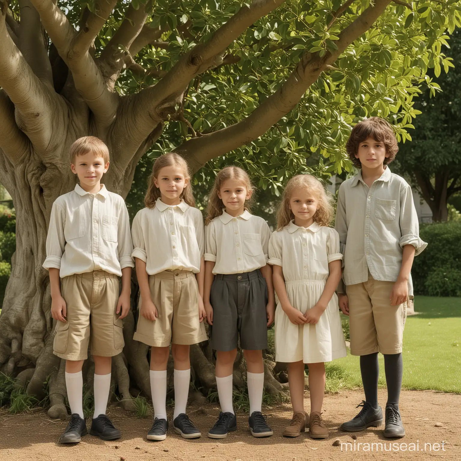 Kreiere ein Bild mit vier Kindern davon sind zwei Kinder weiblich und zwei Kinder männlich. Diese Kinder stehen in einem Garten. Sie stehen vor einer großen alten Linde mit dem Gesicht zur Kamera gedreht. Realistischer Stiel einer alten Fotografie. Helle Hautfarbe. 