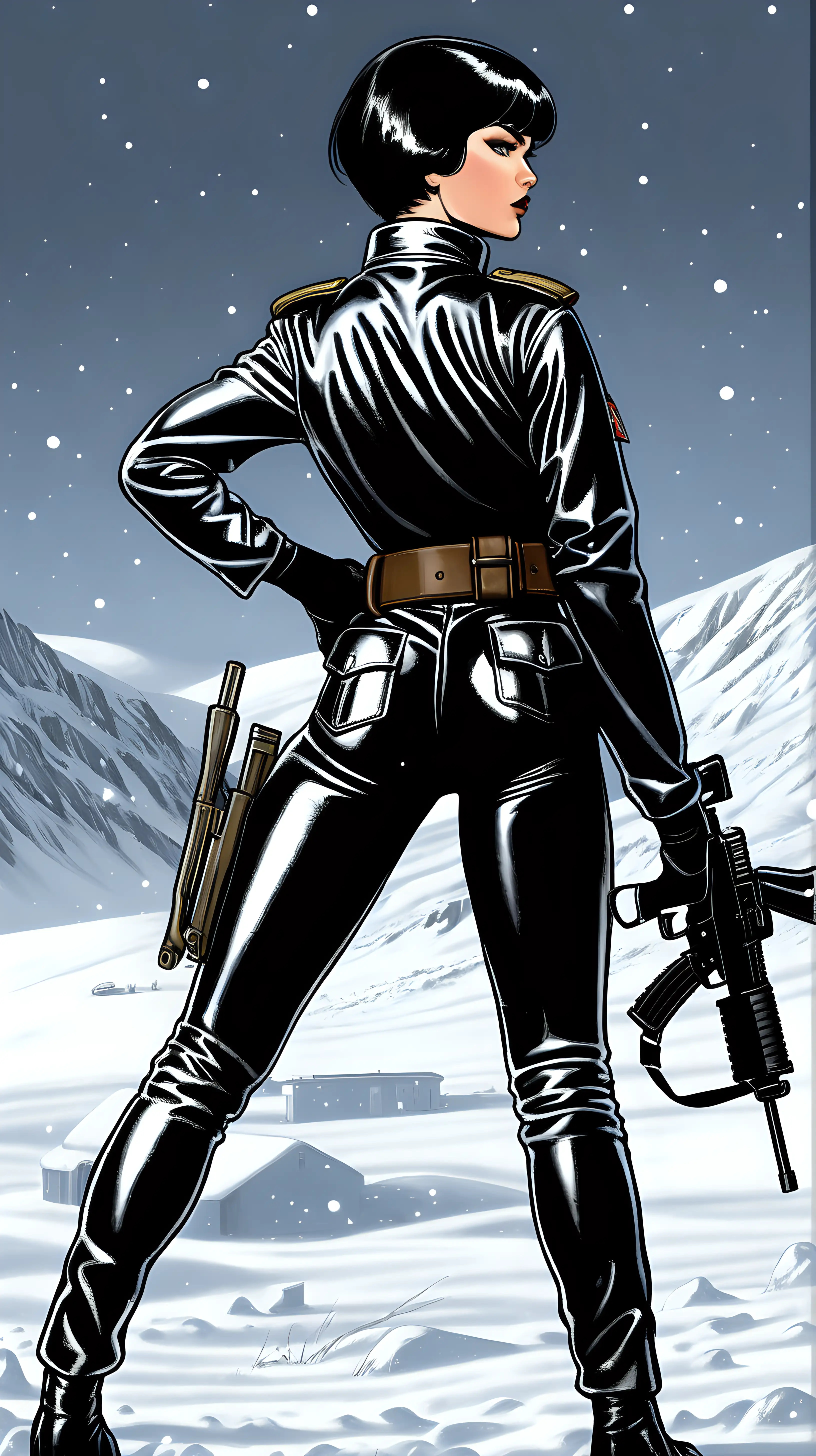 miss Jackson title comic book cover, Woman in tight black shiny soviet union tactical combat Suit, back view, holding Assault rifle, brown combat belt, Snowy battlefield background, Dark black short hair, black shades