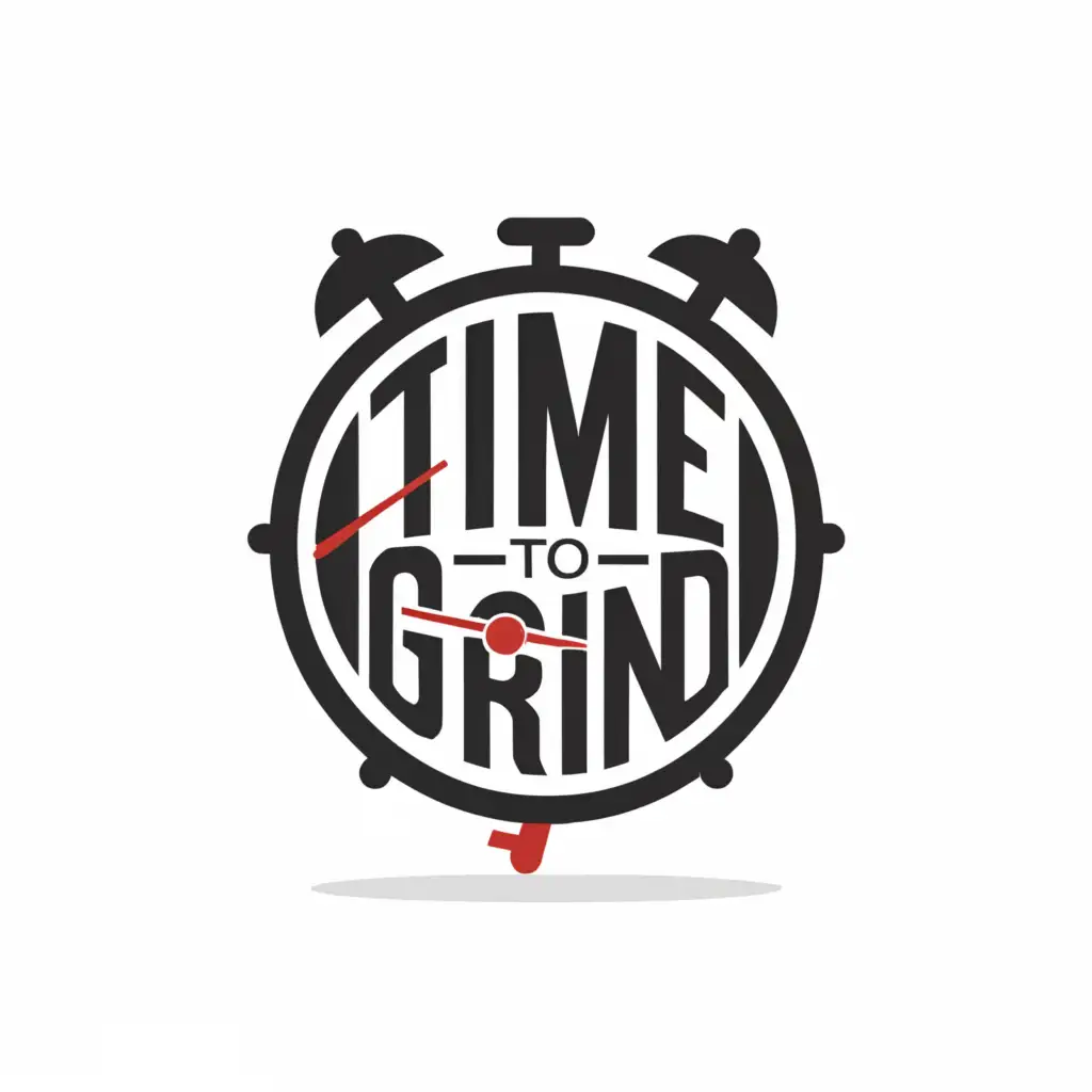 a logo design,with the text 'time to grind', main symbol:clock,Minimalistic,clear background,alarms,red lettering