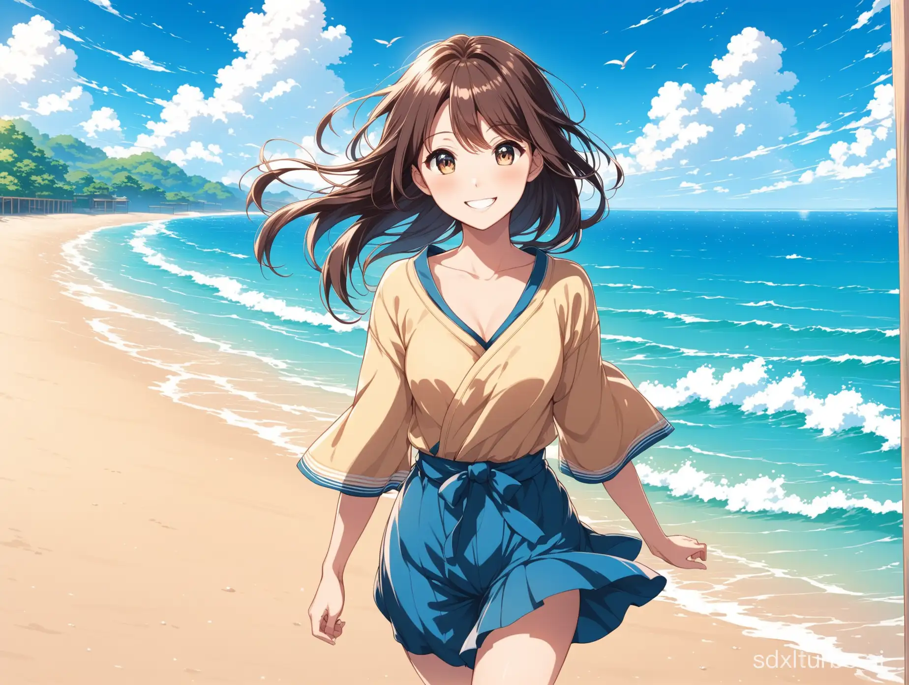 Japanese anime style，front view，
smile in the wind，a girl is walking At the beach