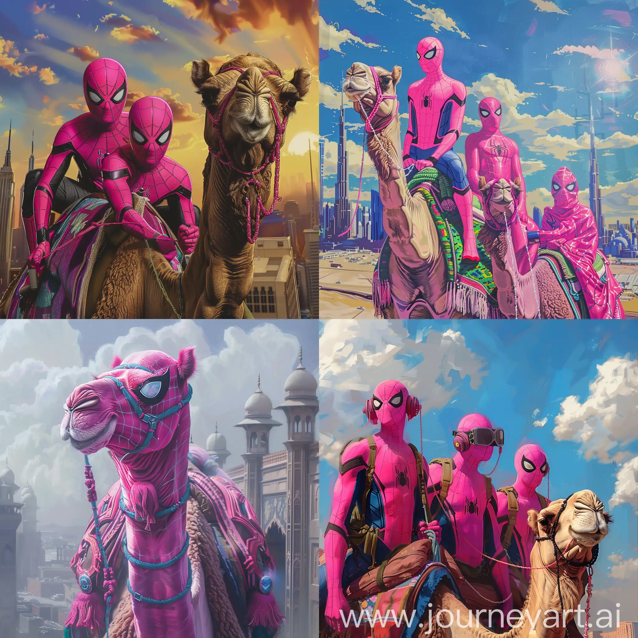 Urban-Adventure-Pink-Spidermen-scaling-Camel-Statues