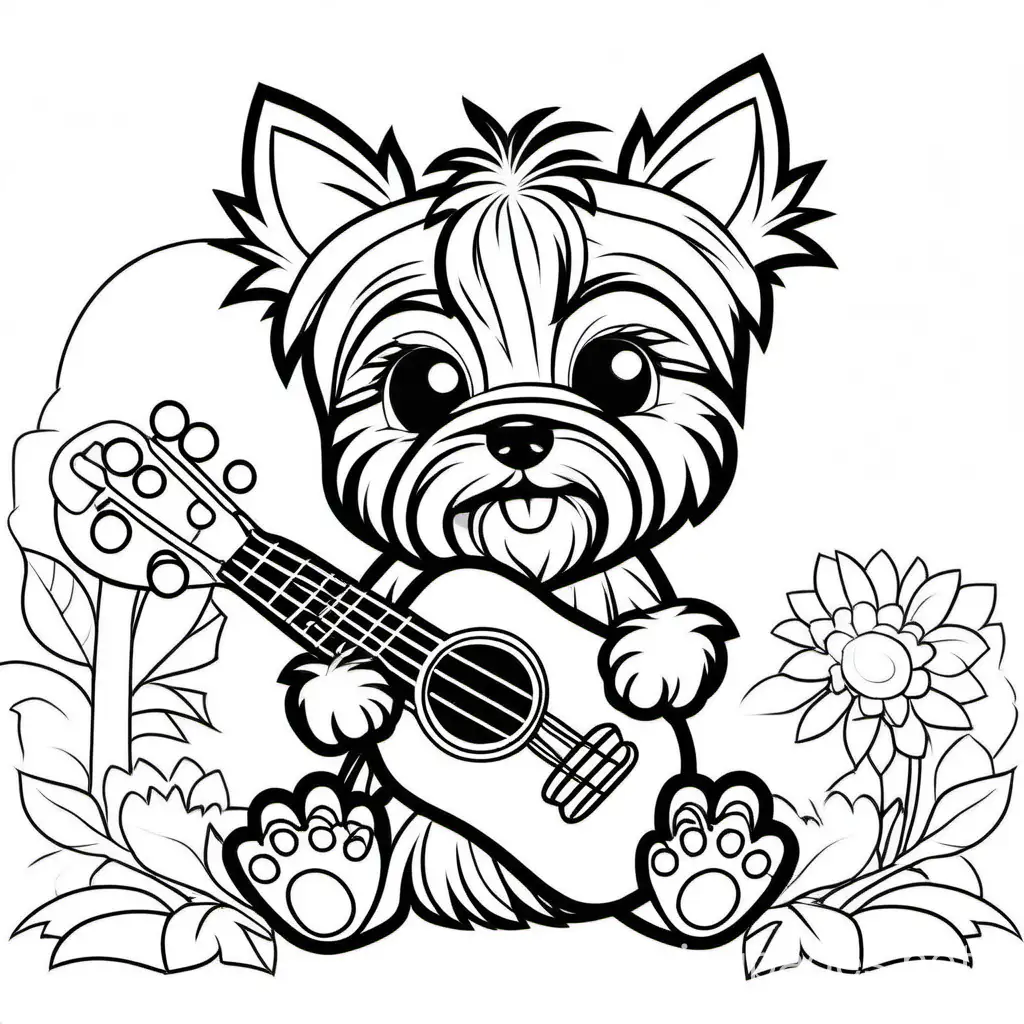 yorkshire terrier playing ukuele, Coloring Page, black and white, line art, white background, Simplicity, Ample White Space. The background of the coloring page is plain white to make it easy for young children to color within the lines. The outlines of all the subjects are easy to distinguish, making it simple for kids to color without too much difficulty