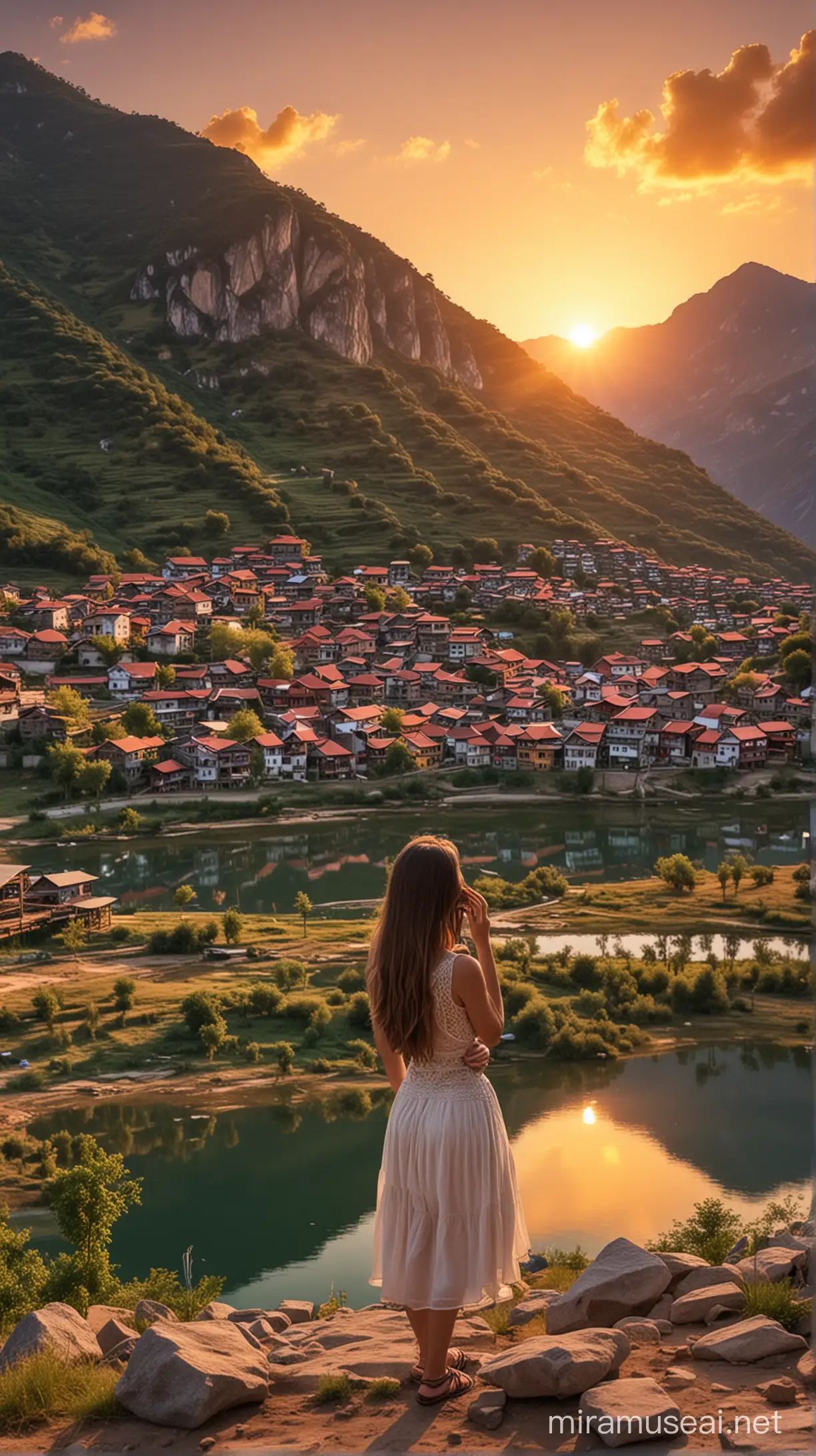 Generate a beautiful pic of mountain and a beautiful village with beautiful sunset and a beautiful and realistic girl standing on mountain watching toward Village and make village with countable number of houses like few houses those are far a part from each other and a lake passes through village make girl near to focus camera