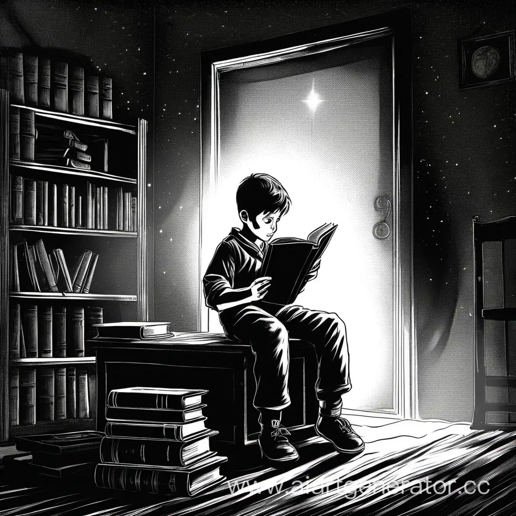 Boy-Reading-Book-in-Illuminated-Dark-Room