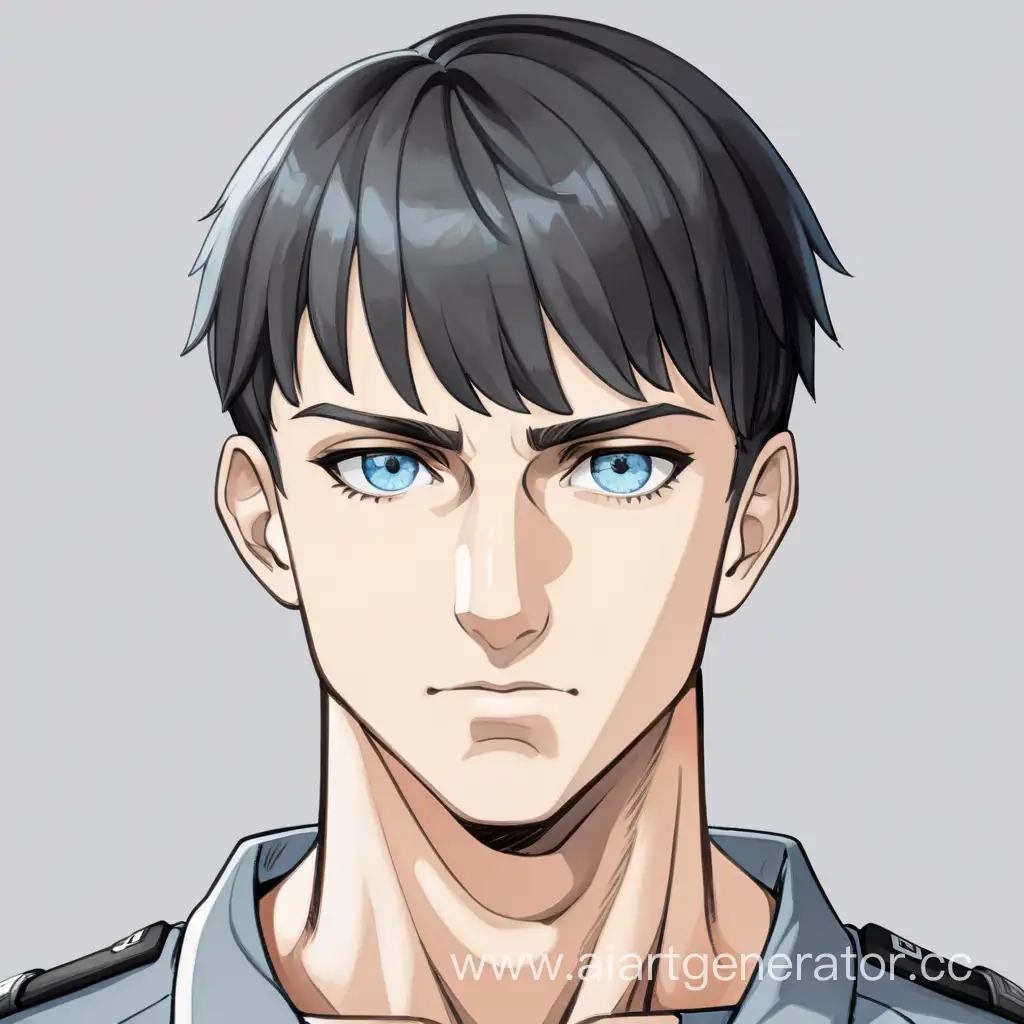 Athletic-Young-Man-in-Gray-Uniform-with-Striking-Blue-Eyes