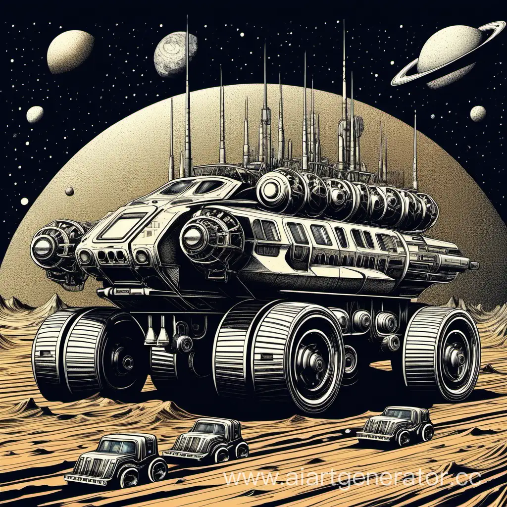 vintage illustration, minimum colors.  vehicle with 8 wheels and  arm s design to explore another planet