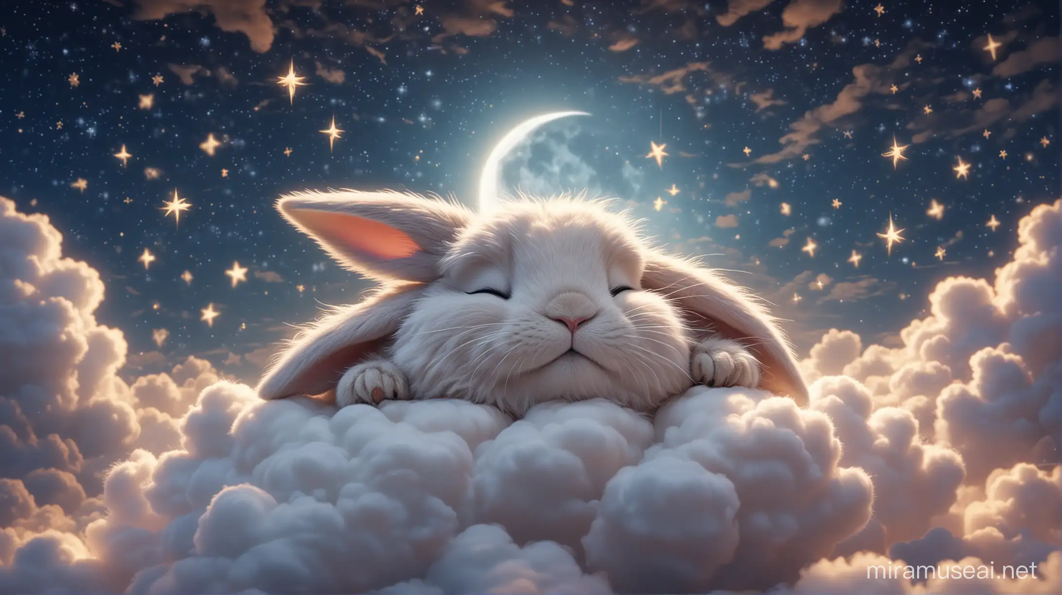 close-up of a small fluffy bunny sleeping on the clouds. The bunny is sleeping and has his eyes closed. In the background you can see the night sky and shining stars. A large shining moon in the distance. A picture in the style of Disney and Pixar animation.