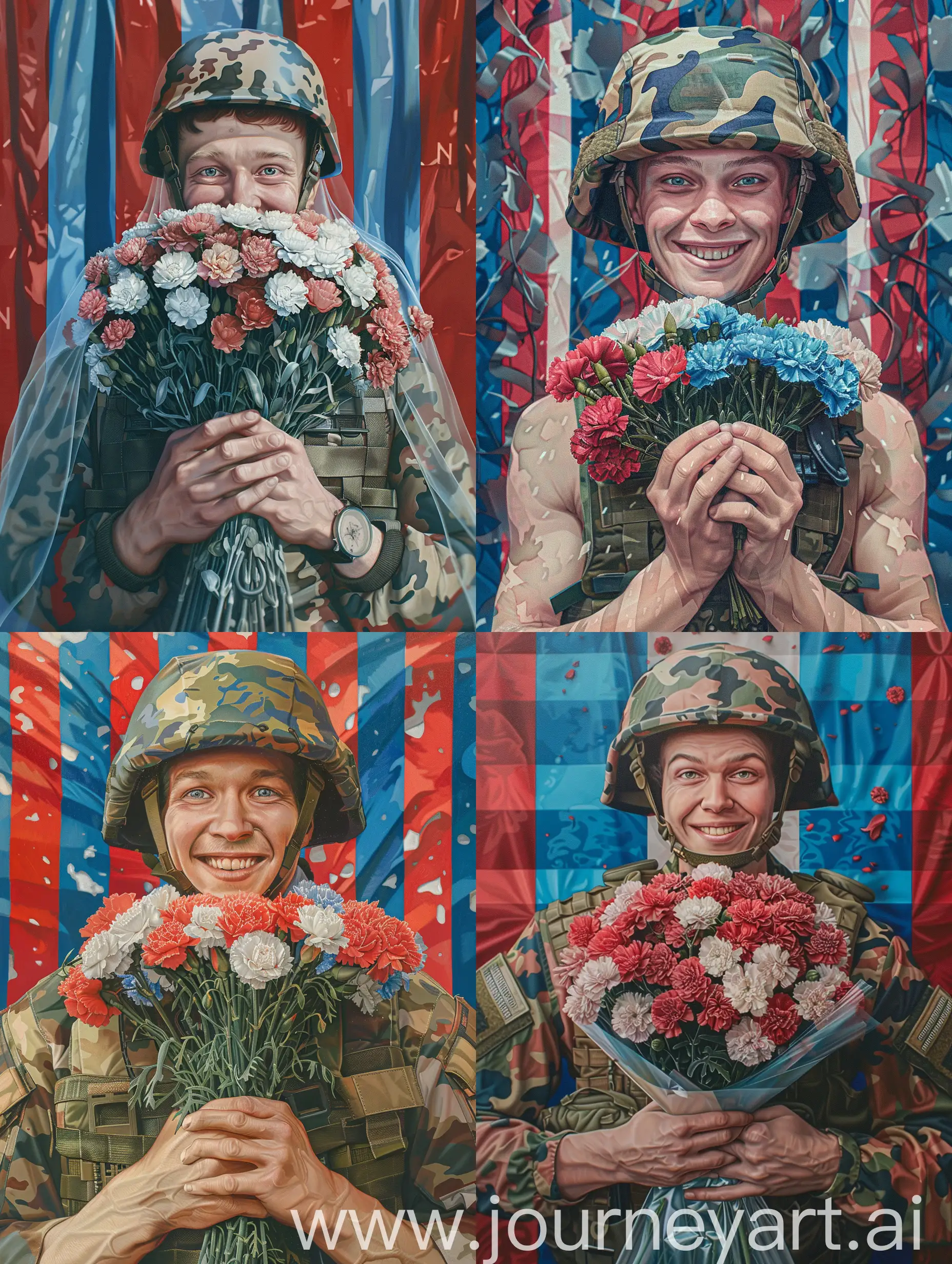 Courageous-Russian-Soldier-Holding-a-Bouquet-of-Carnations-in-Patriotic-Setting