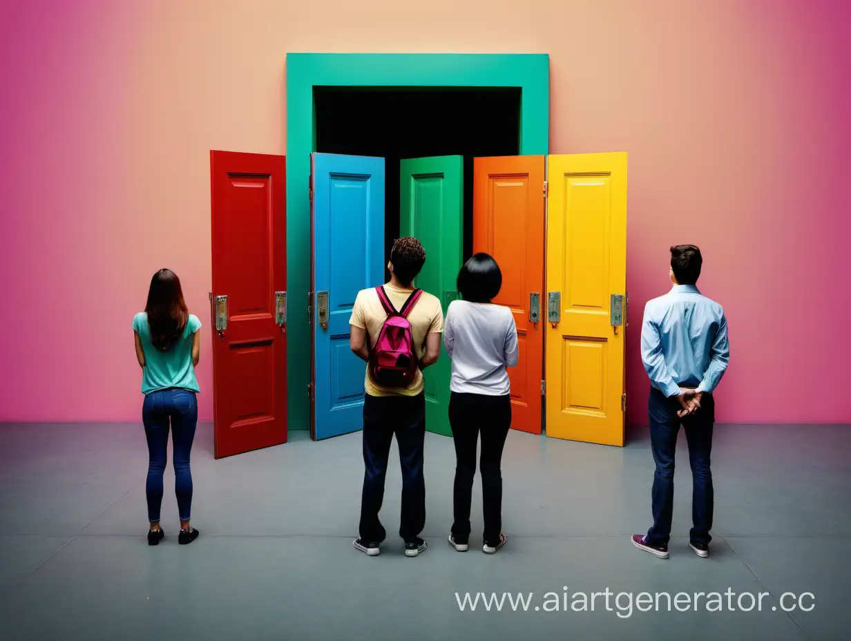 Diverse-Group-Admiring-Vibrant-Doors-with-One-Ajar-in-HighResolution-Photo